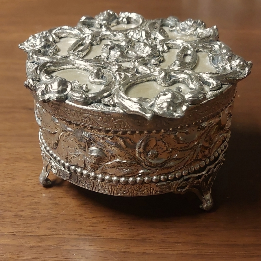 Vintage Metal and Glass Jewelry Box with Opal-Like Top